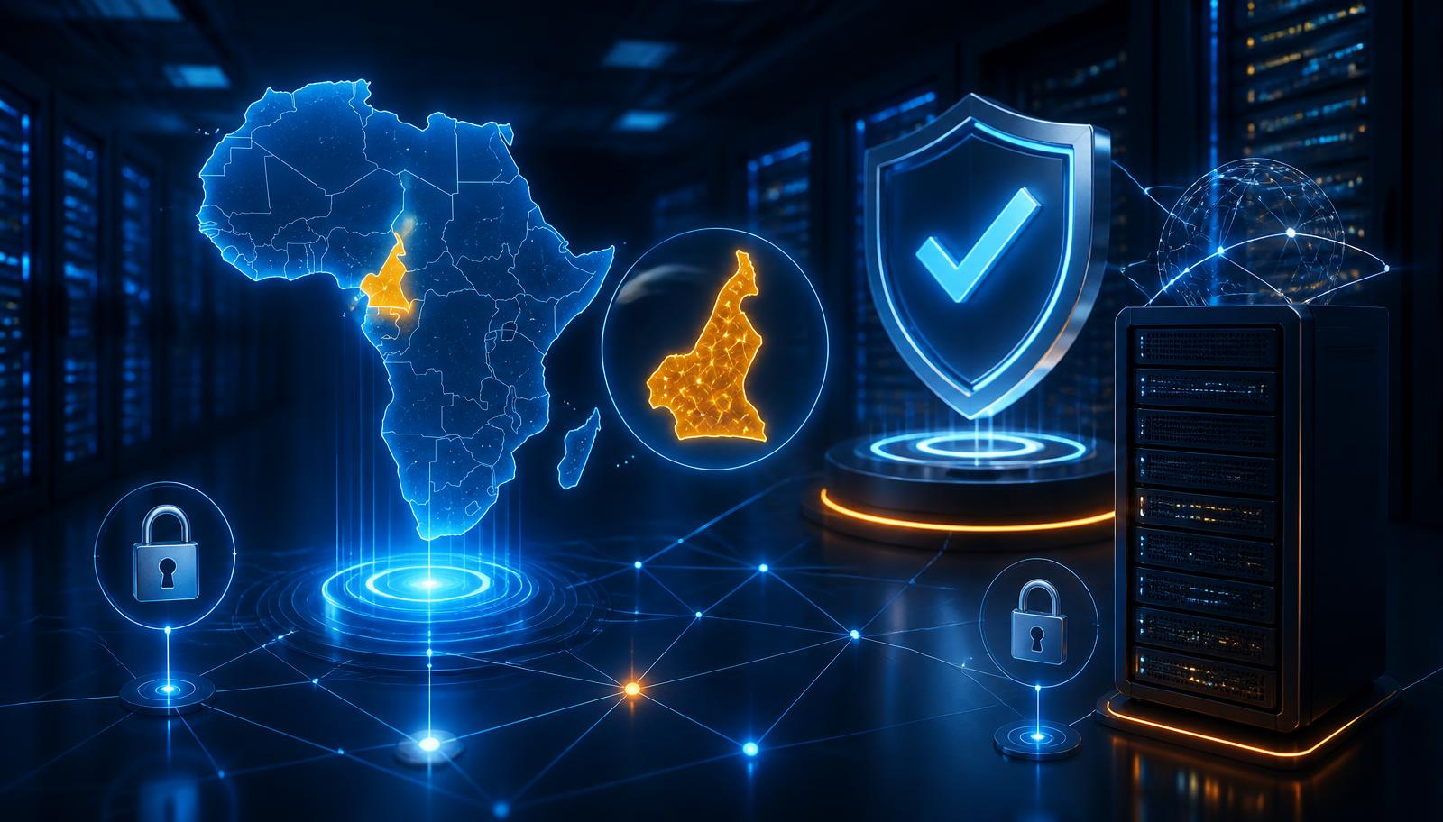 Secure server infrastructure with Africa and Cameroon connectivity, SSL shields and verified checkmarks