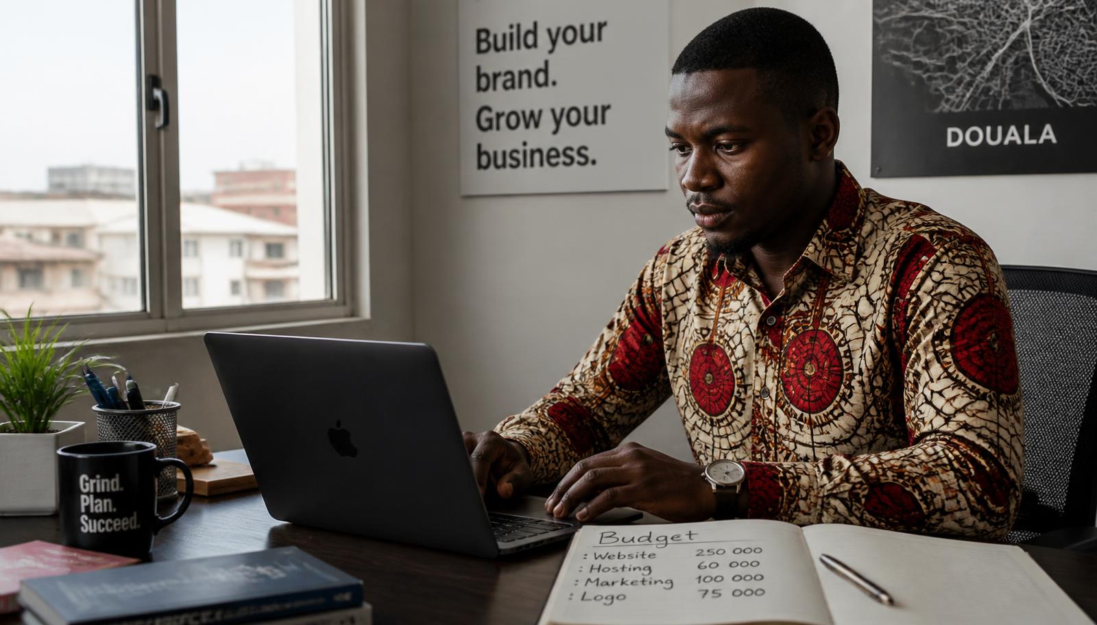 A business owner in Douala planning a website budget on a laptop with handwritten cost notes